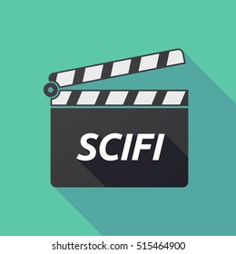 Illustration of a long shadow cinema clapper board icon with    the text SCIFI