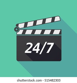 Illustration of a long shadow cinema clapper board icon with    the text 24/7