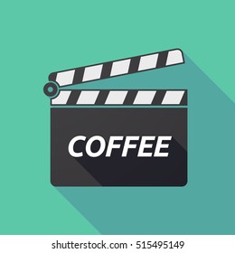 Illustration of a long shadow cinema clapper board icon with    the text COFFEE