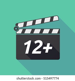 Illustration of a long shadow cinema clapper board icon with    the text 12+