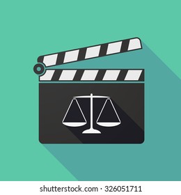 Illustration of a long shadow clapper board with a justice weight scale sign