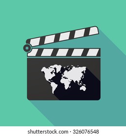 Illustration of a long shadow clapper board with a world map