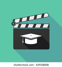 Illustration of a long shadow clapperboard with a graduation cap