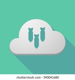 Illustration of a long shadow cloud icon with three bombs falling