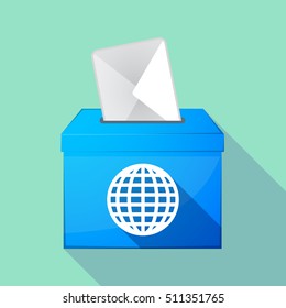 Illustration of a long shadow coloured ballot box icon with a world globe