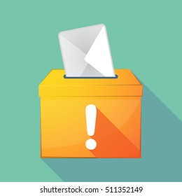 Illustration of a long shadow coloured ballot box icon with an exclamarion sign