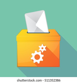 Illustration of a long shadow coloured ballot box icon with two gears