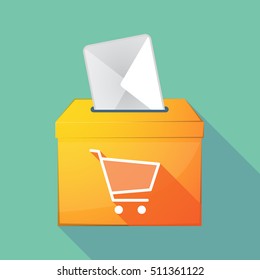 Illustration of a long shadow coloured ballot box icon with a shopping cart