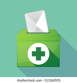 Illustration of a long shadow coloured ballot box icon with a round pharmacy sign