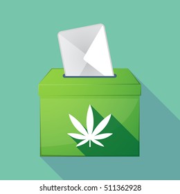 Illustration of a long shadow coloured ballot box icon with a marijuana leaf