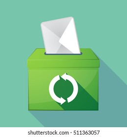 Illustration of a long shadow coloured ballot box icon with a round recycle sign