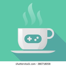 Illustration of a long shadow cup of coffee with  a game pad