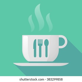 Illustration of a long shadow cup of coffee with  cutlery