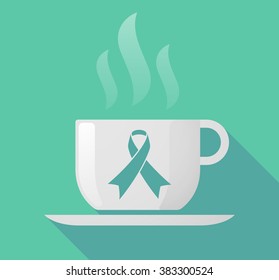 Illustration of a long shadow cup of coffee with  an awareness ribbon