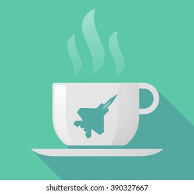 Illustration of a long shadow cup of coffee with  a combat plane