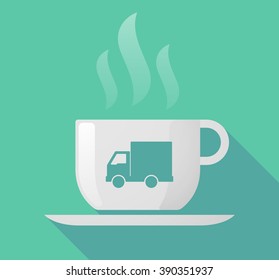 Illustration of a long shadow cup of coffee with  a  delivery truck