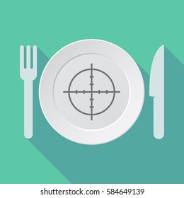 Illustration of a long shadow dish, fork and knife with a crosshair