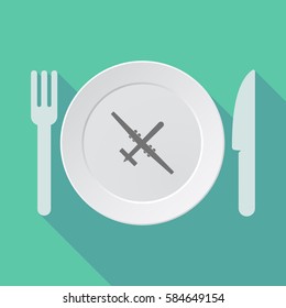 Illustration of a long shadow dish, fork and knife with a war drone