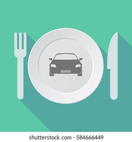 Illustration of a long shadow dish, fork and knife with a car