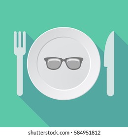 Illustration of a long shadow dish, fork and knife with a glasses