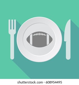 Illustration of a long shadow dish, knife and fork with  an american football balloon