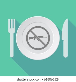 Illustration of a long shadow dish, knife and fork with  a rifle  in a not allowed signal 