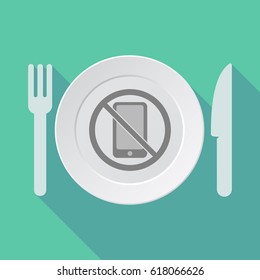 Illustration of a long shadow dish, knife and fork with  a phone  in a not allowed signal 