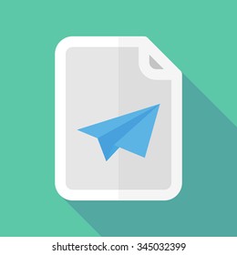 Illustration of a long shadow document vector icon with a paper plane