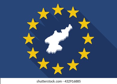 Illustration of a long shadow EU flag with  the map of North Korea