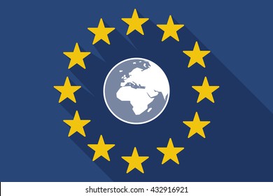 Illustration of a long shadow EU flag with   an Asia, Africa and Europe regions world globe