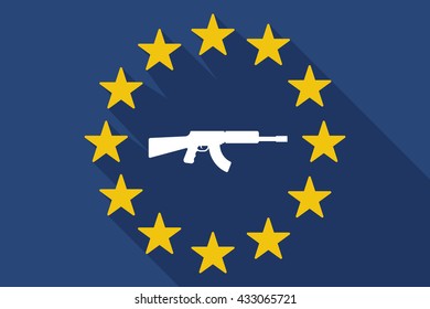 Illustration of a long shadow EU flag with  a machine gun sign