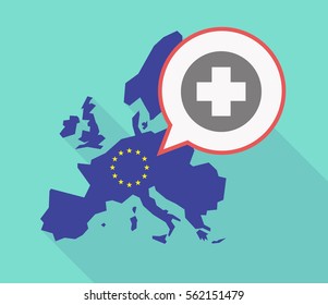 Illustration of a long shadow EU map with a comic balloon and a round pharmacy sign