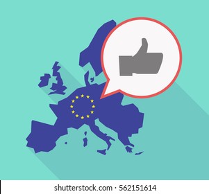 Illustration of a long shadow EU map, and its flag  with a comic balloon and a thumb up hand