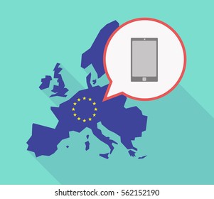 Illustration of a long shadow EU map, and its flag  with a comic balloon and a smart phone