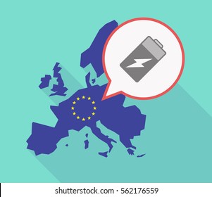 Illustration of a long shadow EU map, and its flag  with a comic balloon and a battery