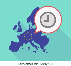 Illustration of a long shadow EU map, and its flag  with a comic balloon and a clock