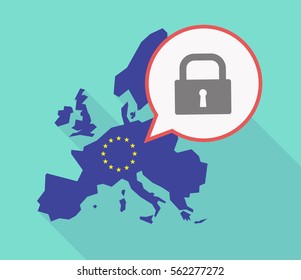Illustration of a long shadow EU map, and its flag  with a comic balloon and a closed lock pad