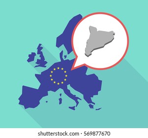 Illustration of a long shadow European Union map, its flag and a comic balloon with  the map of Catalonia