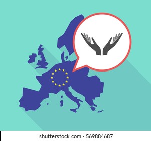 Illustration of a long shadow European Union map, its flag and a comic balloon with  two hands offering