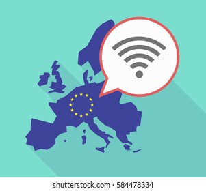 Illustration of a long shadow European Union map, its flag and a comic balloon with a radio signal sign