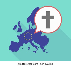 Illustration of a long shadow European Union map, its flag and a comic balloon with a christian cross