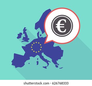 Illustration of a long shadow European Union map with its flag, and a comic balloon with  an euro coin