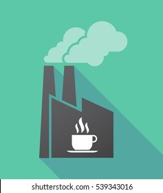 Illustration of a long shadow factory with a cup of coffee