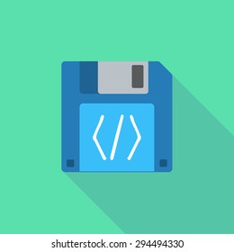 Illustration of a long shadow floppy icon with a code sign