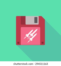 Illustration of a long shadow floppy icon with missiles