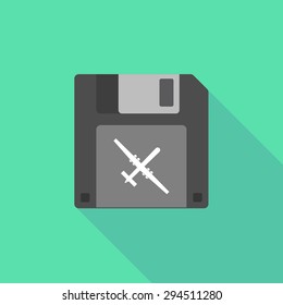 Illustration of a long shadow floppy icon with a war drone