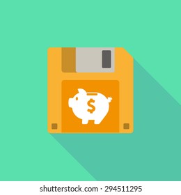 Illustration of a long shadow floppy icon with a piggy bank