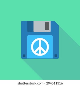 Illustration of a long shadow floppy icon with a peace sign