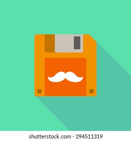 Illustration of a long shadow floppy icon with a moustache