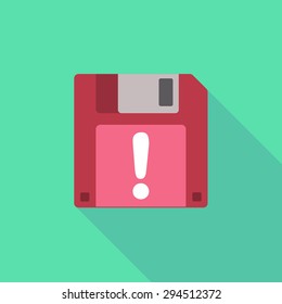 Illustration of a long shadow floppy icon with an admiration sign
